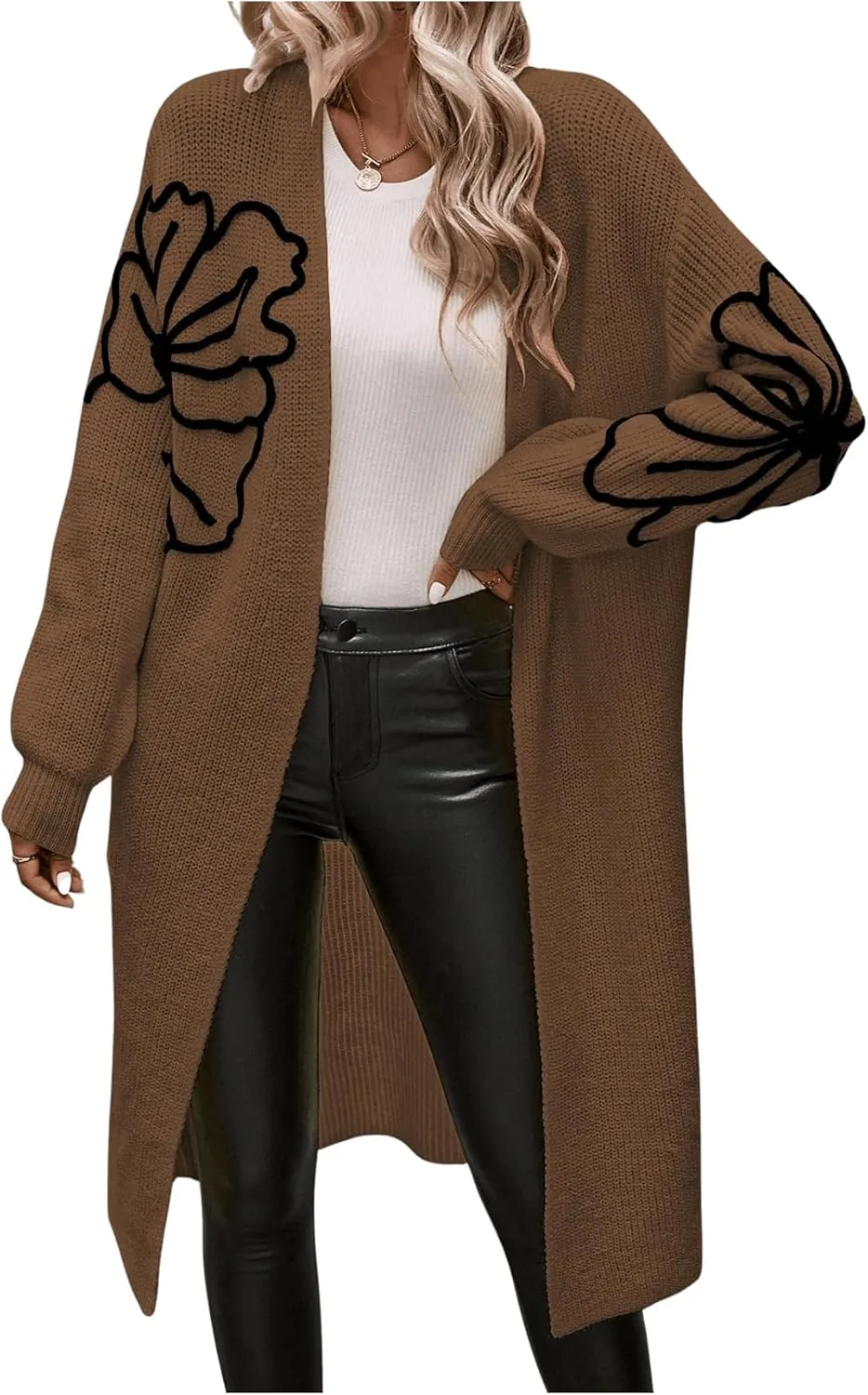Verdusa Women's Floral Print Loose Open Front Long Knit Cardigan Casual Sweater Coats