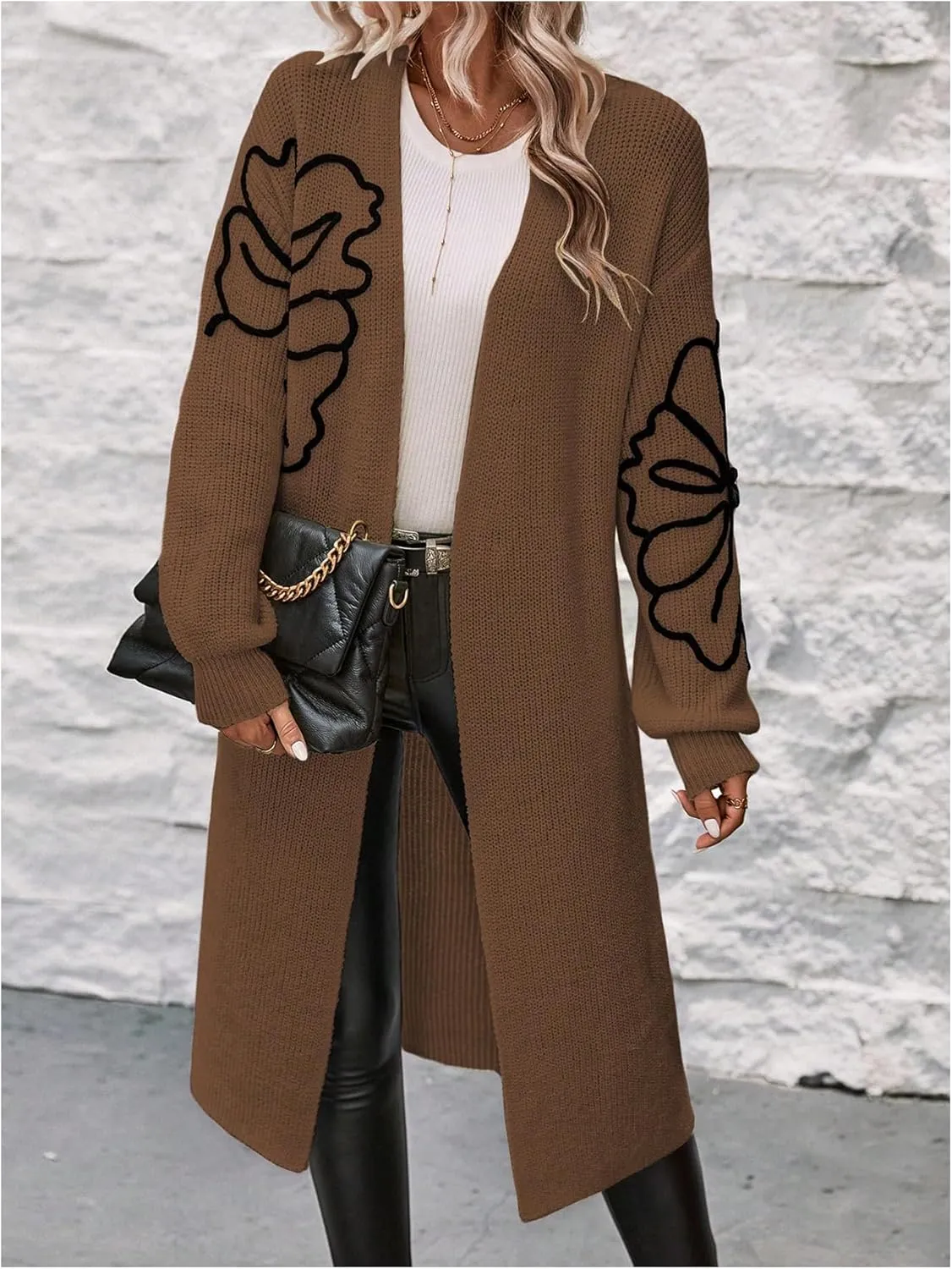 Verdusa Women's Floral Print Loose Open Front Long Knit Cardigan Casual Sweater Coats