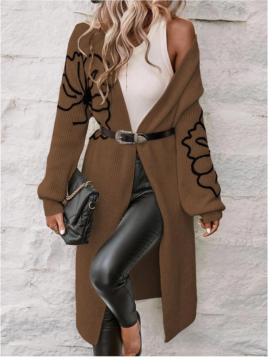 Verdusa Women's Floral Print Loose Open Front Long Knit Cardigan Casual Sweater Coats