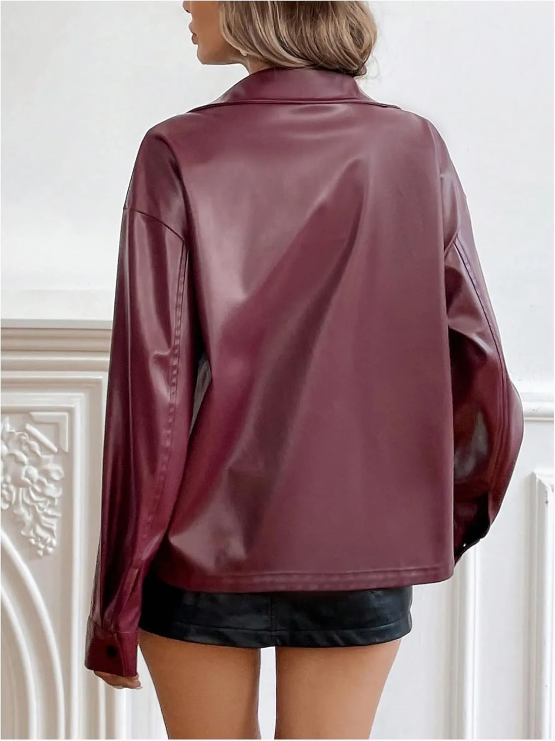 Verdusa Women's PU Leather Jacket Zip Up Long Sleeve Collared Bomber Coats Outwear