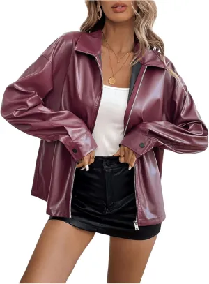 Verdusa Women's PU Leather Jacket Zip Up Long Sleeve Collared Bomber Coats Outwear