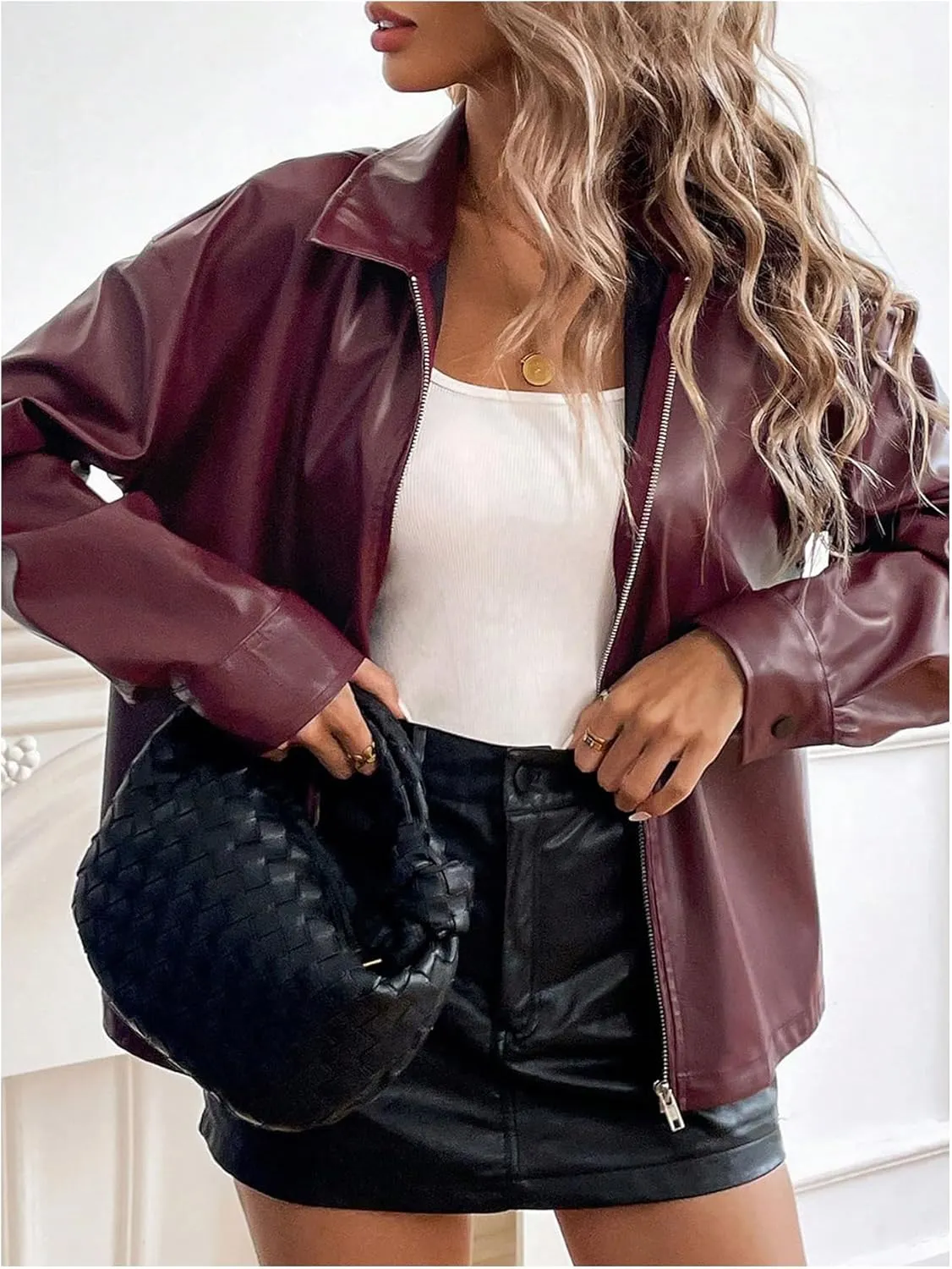 Verdusa Women's PU Leather Jacket Zip Up Long Sleeve Collared Bomber Coats Outwear