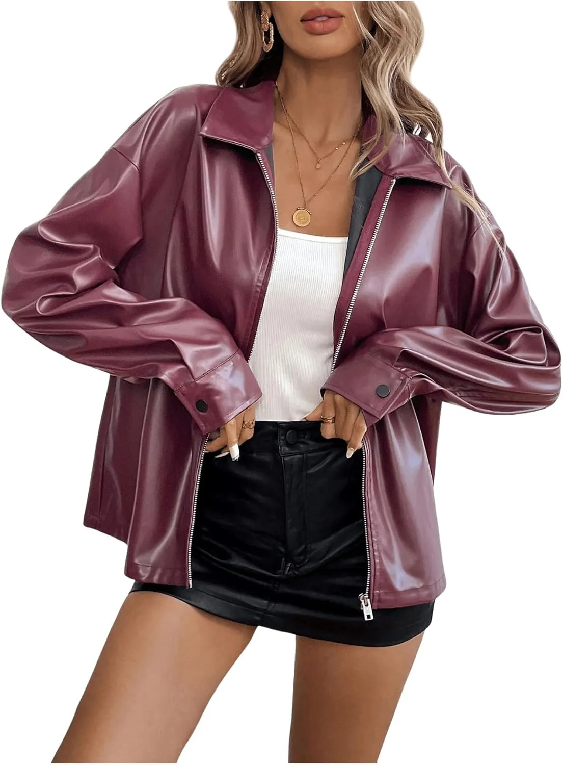 Verdusa Women's PU Leather Jacket Zip Up Long Sleeve Collared Bomber Coats Outwear