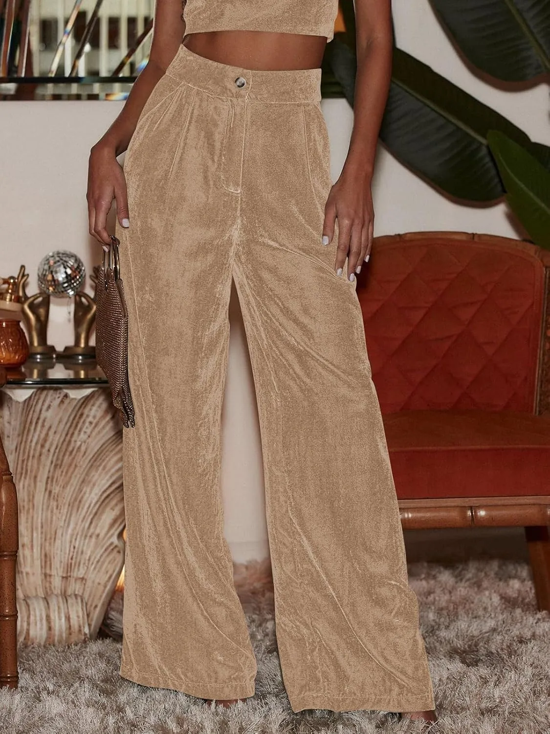 Viatabuna Velvet High Waist Pants for Women Flare Wide Leg Palazzo Pants Casual Bell Bottoms Long Trouser Streetwear