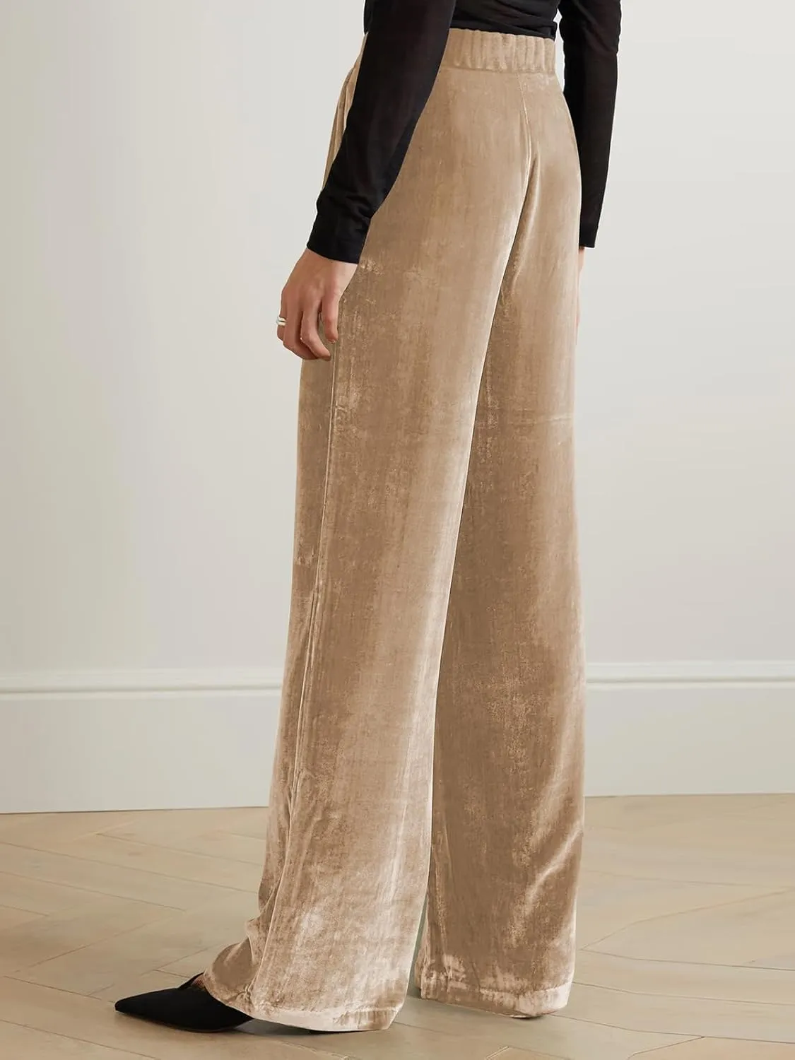 Viatabuna Velvet High Waist Pants for Women Flare Wide Leg Palazzo Pants Casual Bell Bottoms Long Trouser Streetwear