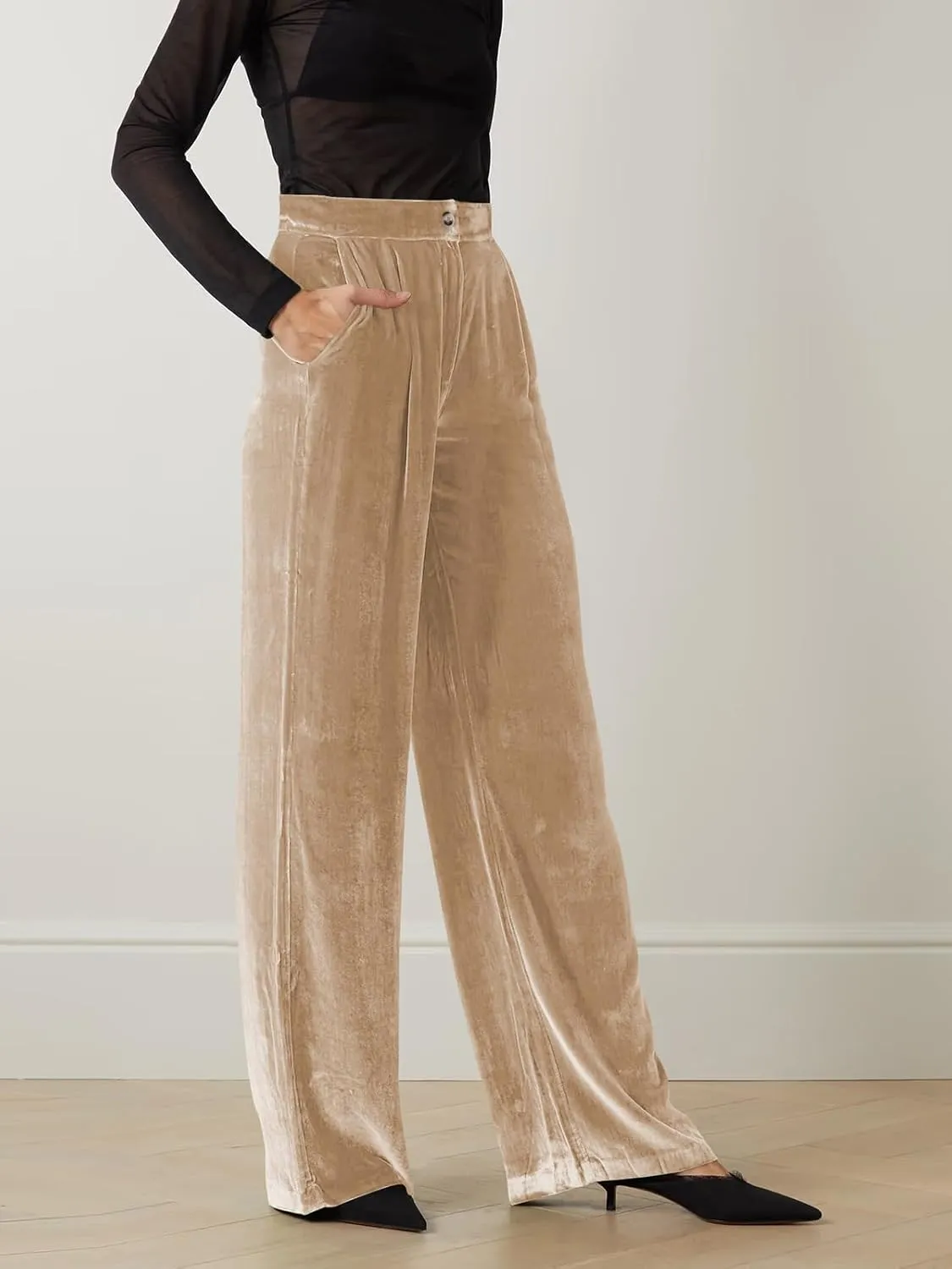 Viatabuna Velvet High Waist Pants for Women Flare Wide Leg Palazzo Pants Casual Bell Bottoms Long Trouser Streetwear