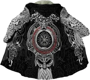 Viking Hooded Cloak Nordic Compass Runes Tattoo Coats For Men Winter Hooded Poncho Thick Warm Norse Viking Cape