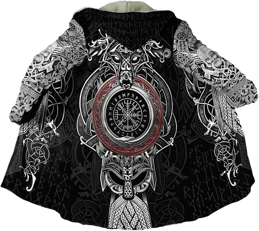 Viking Hooded Cloak Nordic Compass Runes Tattoo Coats For Men Winter Hooded Poncho Thick Warm Norse Viking Cape