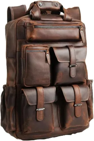 Vintage Leather Laptop Backpack - Premium Daypack Dark Brown Leather for Mens Work & Travel Essentials "Dimensions" (12.6 x 4.7 x 16.9 inches)