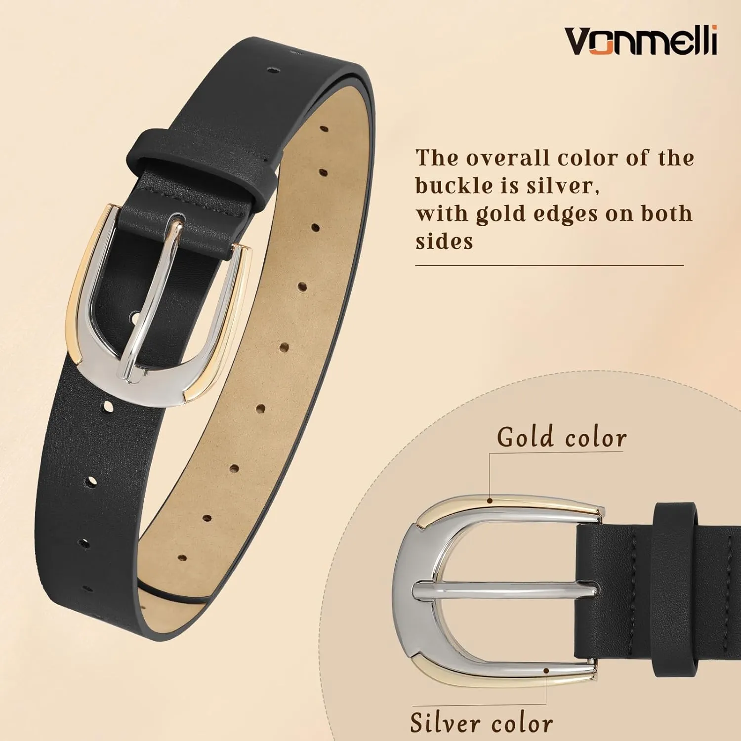 VONMELLI Women Leather Belt for Pants Jeans Dresses Ladies Belts with Fashion Gold Silver Buckle