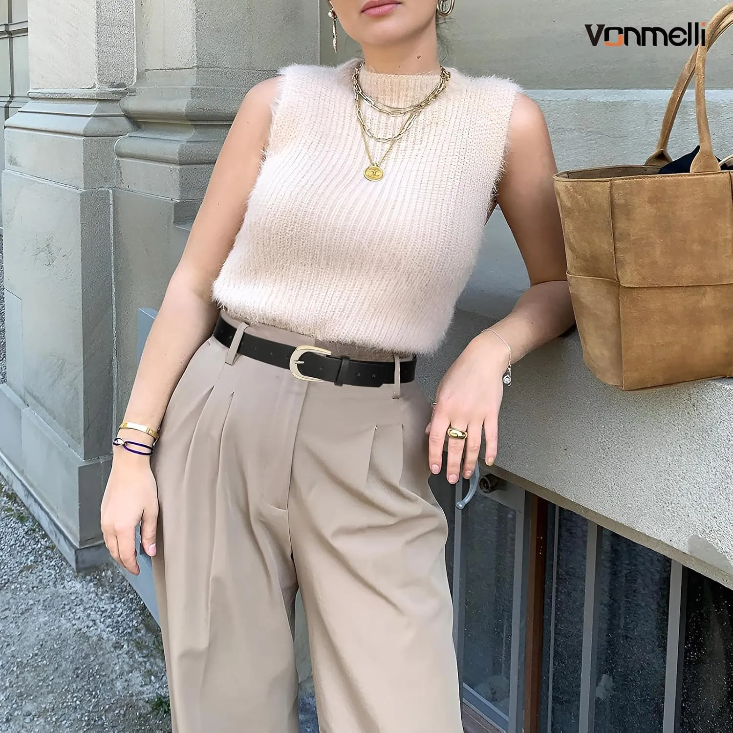 VONMELLI Women Leather Belt for Pants Jeans Dresses Ladies Belts with Fashion Gold Silver Buckle