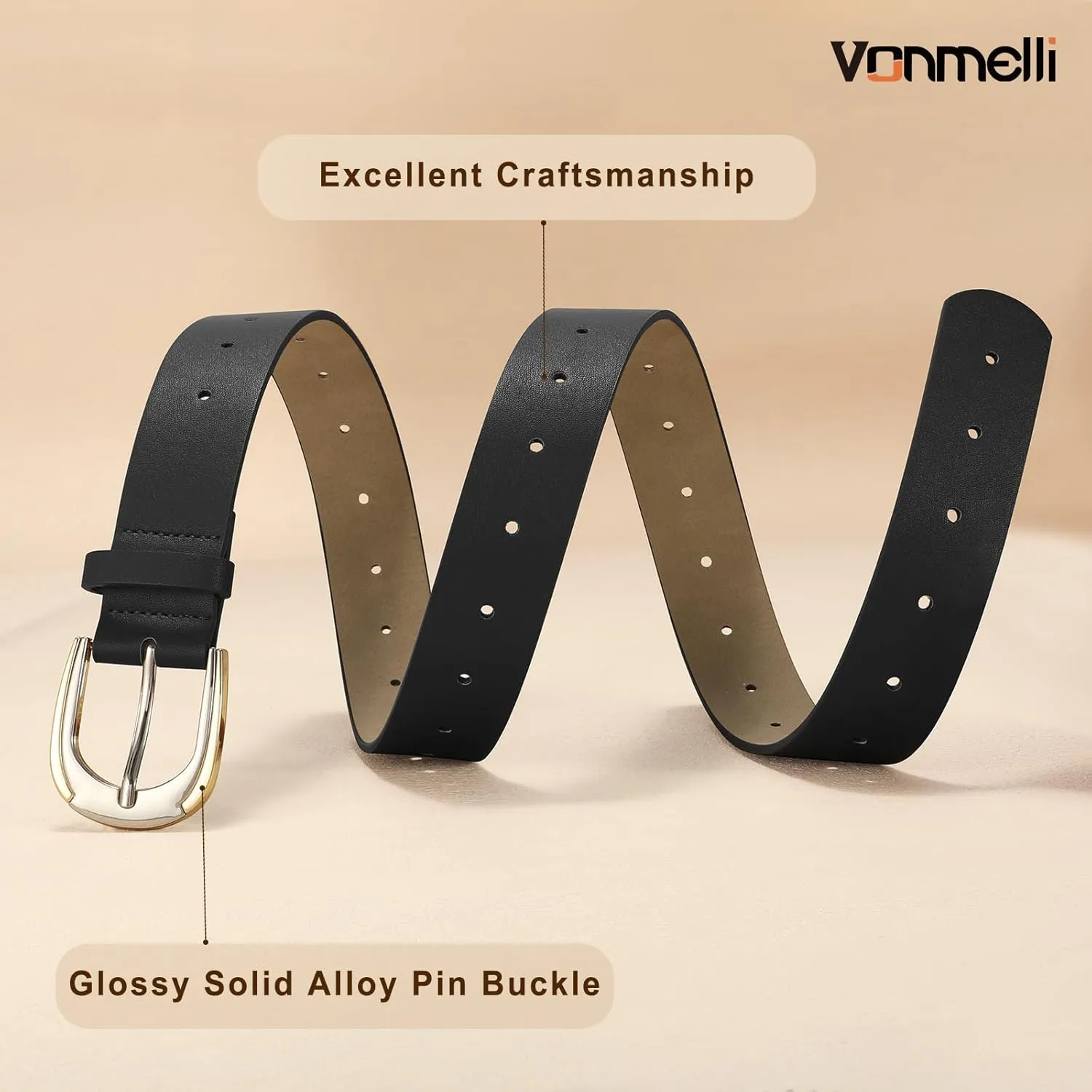 VONMELLI Women Leather Belt for Pants Jeans Dresses Ladies Belts with Fashion Gold Silver Buckle