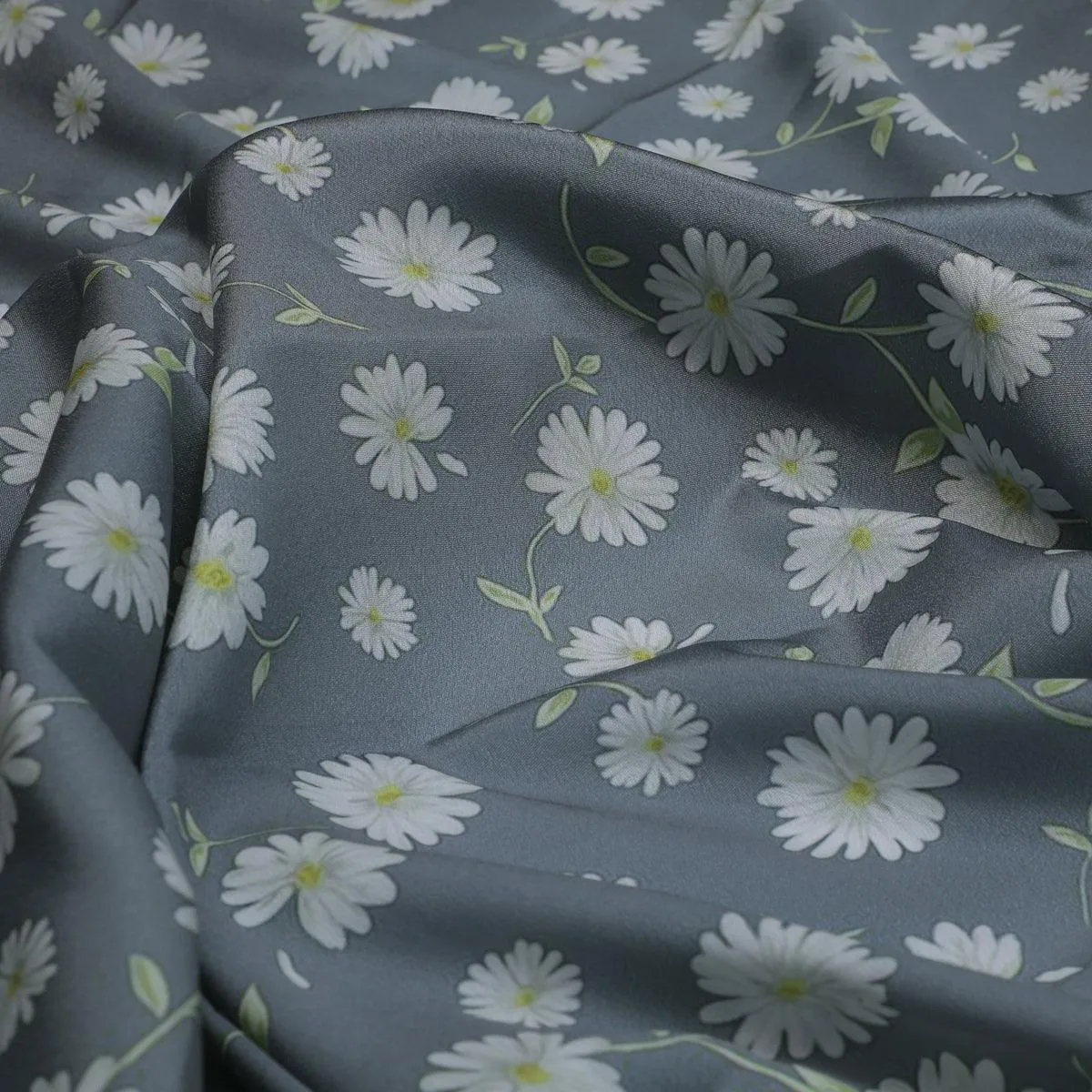 White Aster With Gray Background Digital Printed Fabric - Silk Crepe