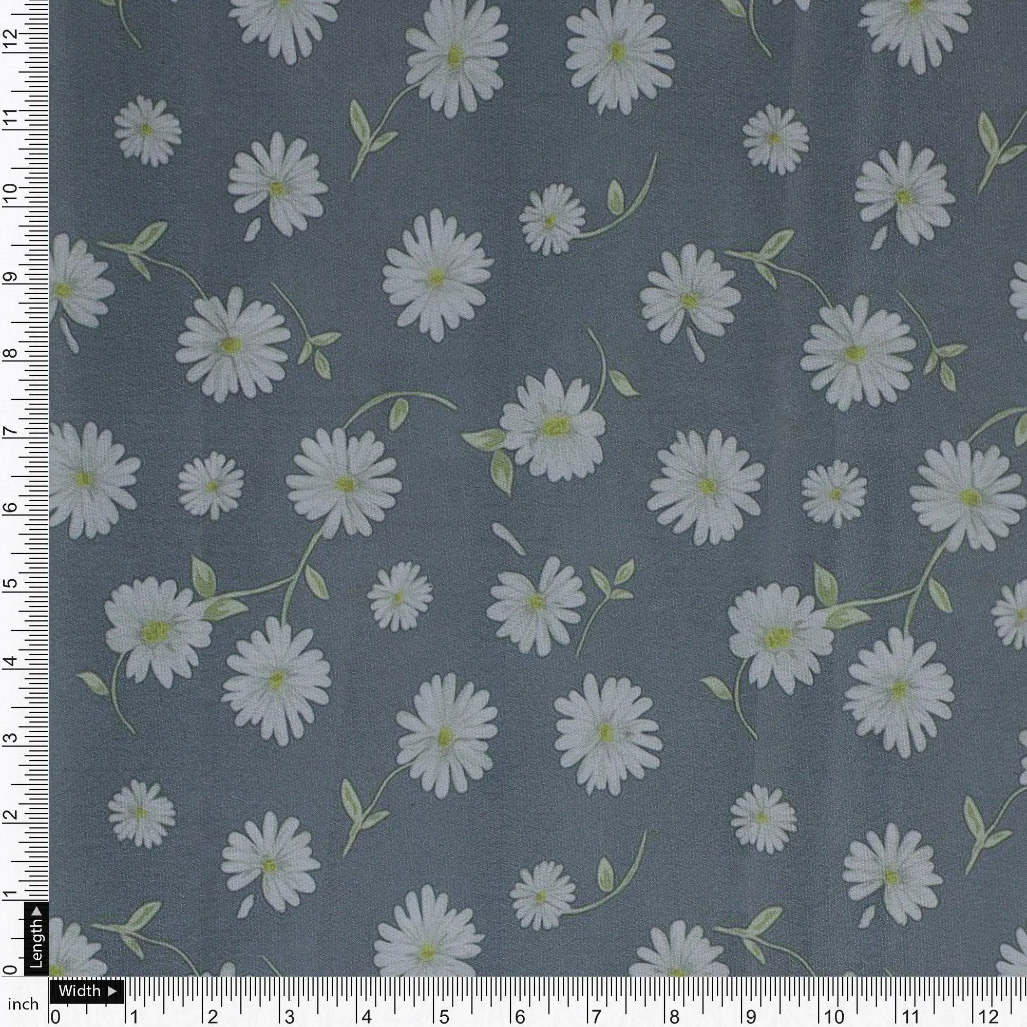 White Aster With Gray Background Digital Printed Fabric - Silk Crepe