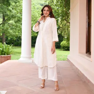 White Embroidered Cotton Kurta Pants