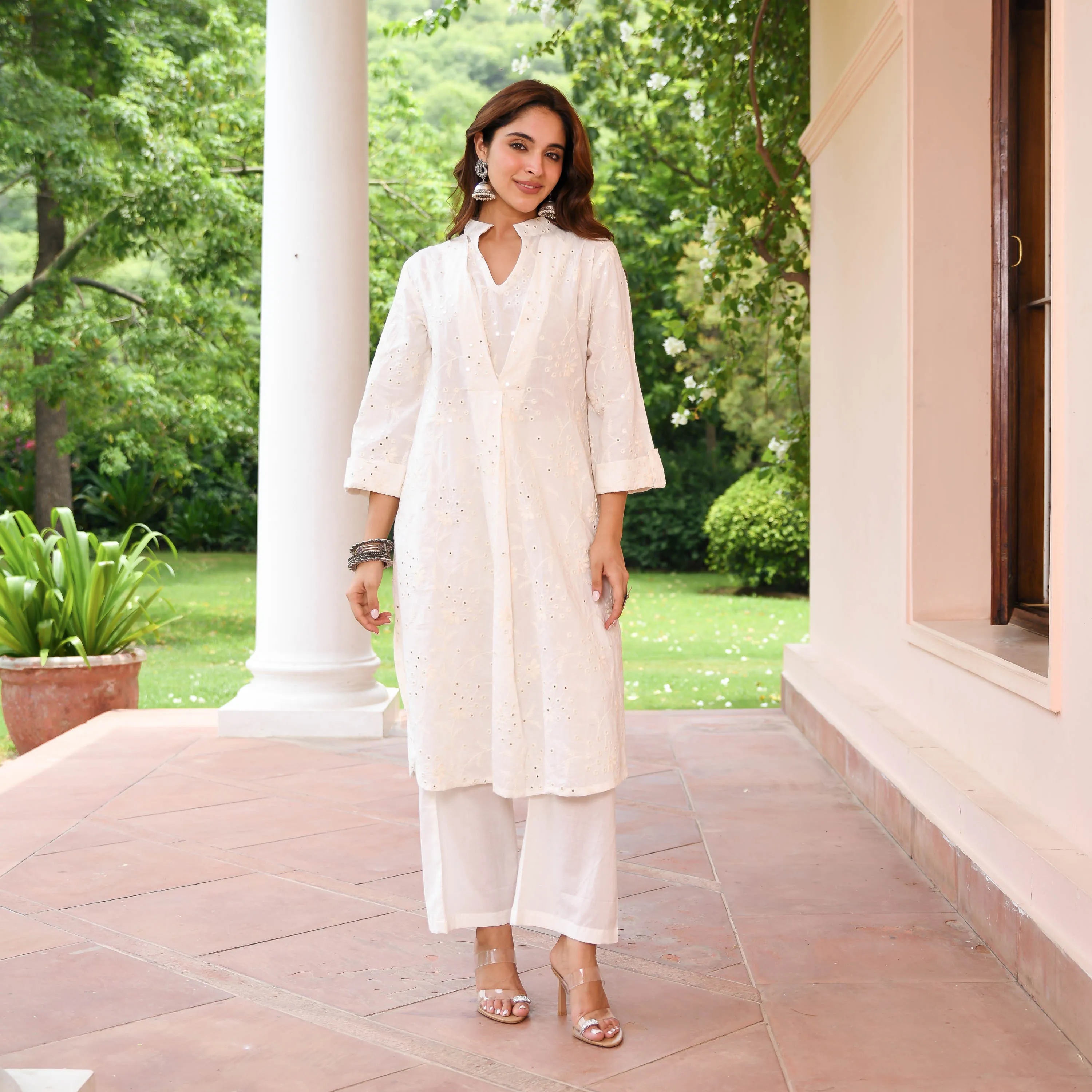 White Embroidered Cotton Kurta Pants