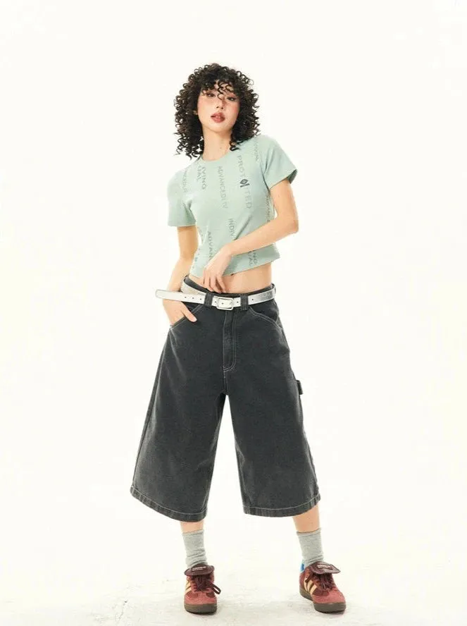 Wide Leg Bermuda Denim Shorts with Side Loop
