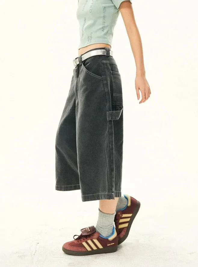 Wide Leg Bermuda Denim Shorts with Side Loop