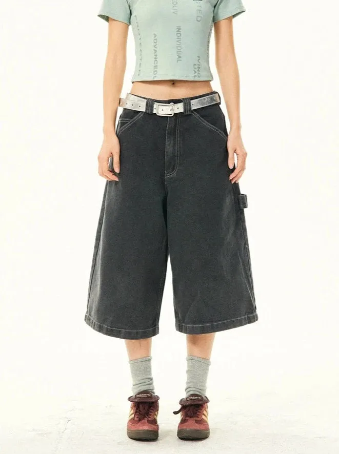 Wide Leg Bermuda Denim Shorts with Side Loop