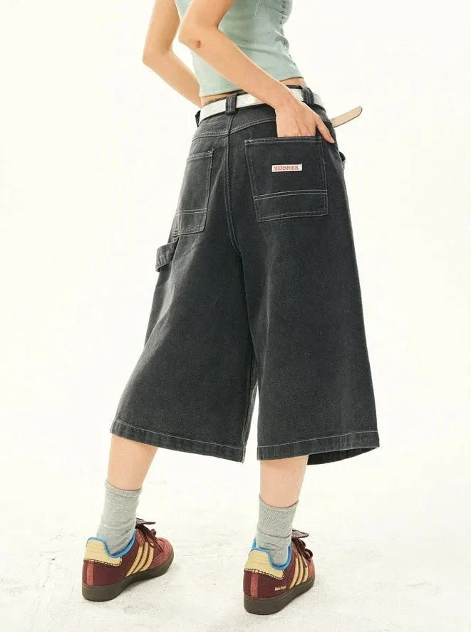 Wide Leg Bermuda Denim Shorts with Side Loop