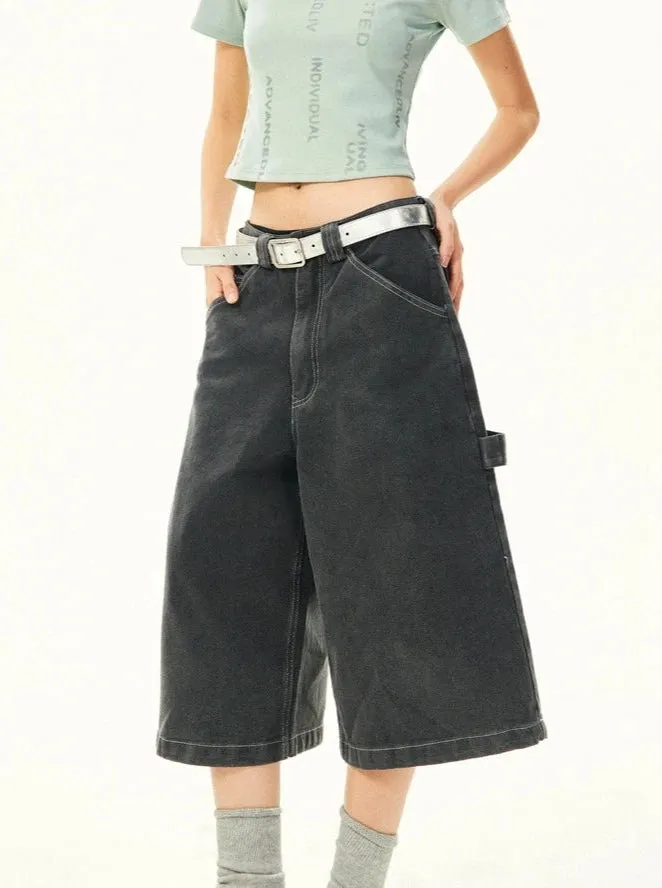 Wide Leg Bermuda Denim Shorts with Side Loop