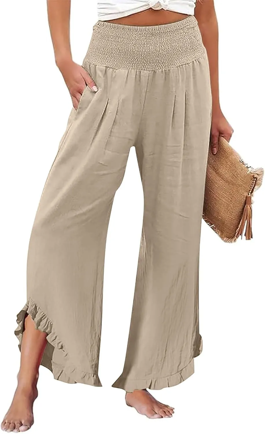 Wide Leg Linen Pants for Women Casual High Waisted Palazzo Pant Lightweight Summer Flowy Beach Pants with Pockets