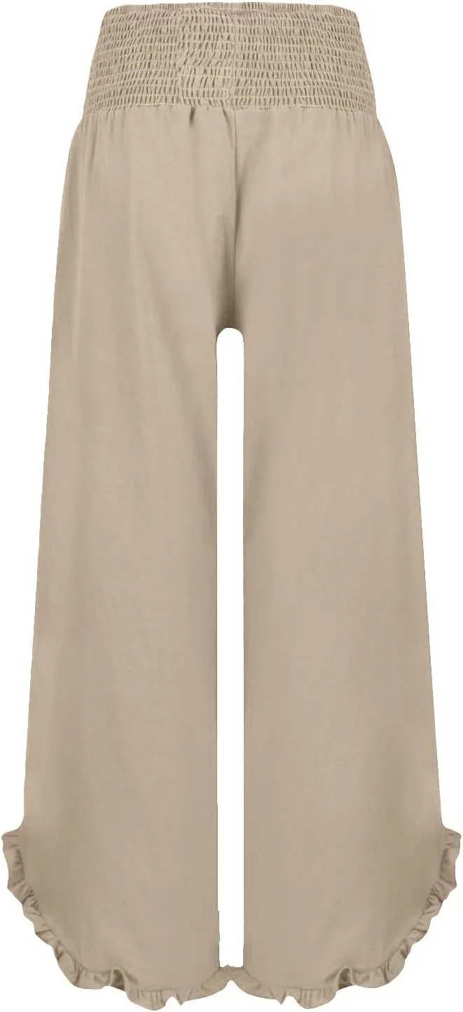 Wide Leg Linen Pants for Women Casual High Waisted Palazzo Pant Lightweight Summer Flowy Beach Pants with Pockets