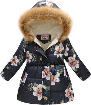 Winter Coats For Girls Hooded Waterproof Floral Printed Kids Toddler Warm Snow Jacket