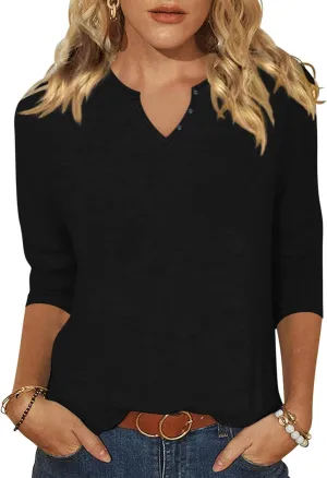 Woffccrd Womens Casual 3/4 Sleeve T-Shirts Button V Neck Summer Tunic Tops Loose Fit Shirts Solid Basic Tops