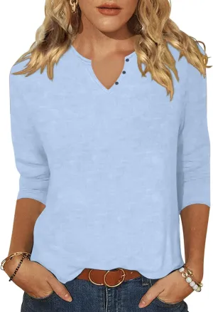 Woffccrd Womens Casual 3/4 Sleeve T-Shirts Button V Neck Summer Tunic Tops Loose Fit Shirts Solid Basic Tops