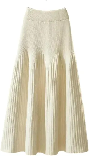 Women Autumn Winter Mid-Length Solid Color A-Line Skirt Casual Knitted Pleated Midi Skirt