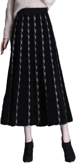 Women Christmas Jacquard Pleated A-Line Long Skirts High Waist Midi Knitted Thick Skirt