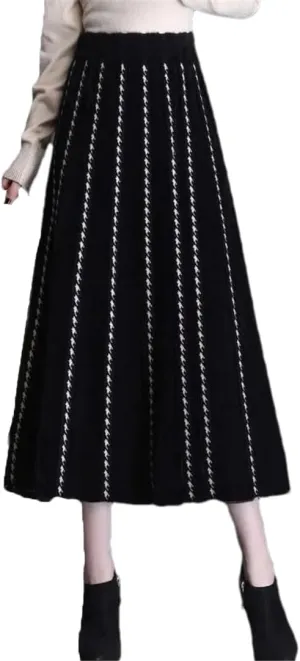 Women Christmas Jacquard Pleated A-Line Long Skirts High Waist Midi Knitted Thick Skirt