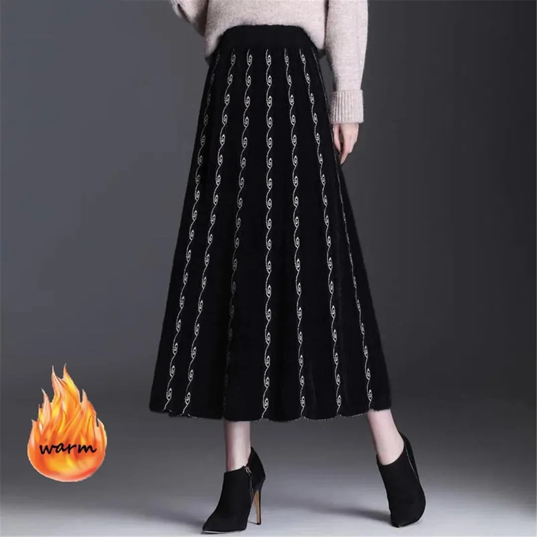 Women Christmas Jacquard Pleated A-Line Long Skirts High Waist Midi Knitted Thick Skirt