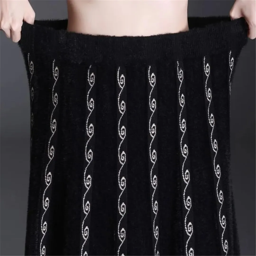 Women Christmas Jacquard Pleated A-Line Long Skirts High Waist Midi Knitted Thick Skirt