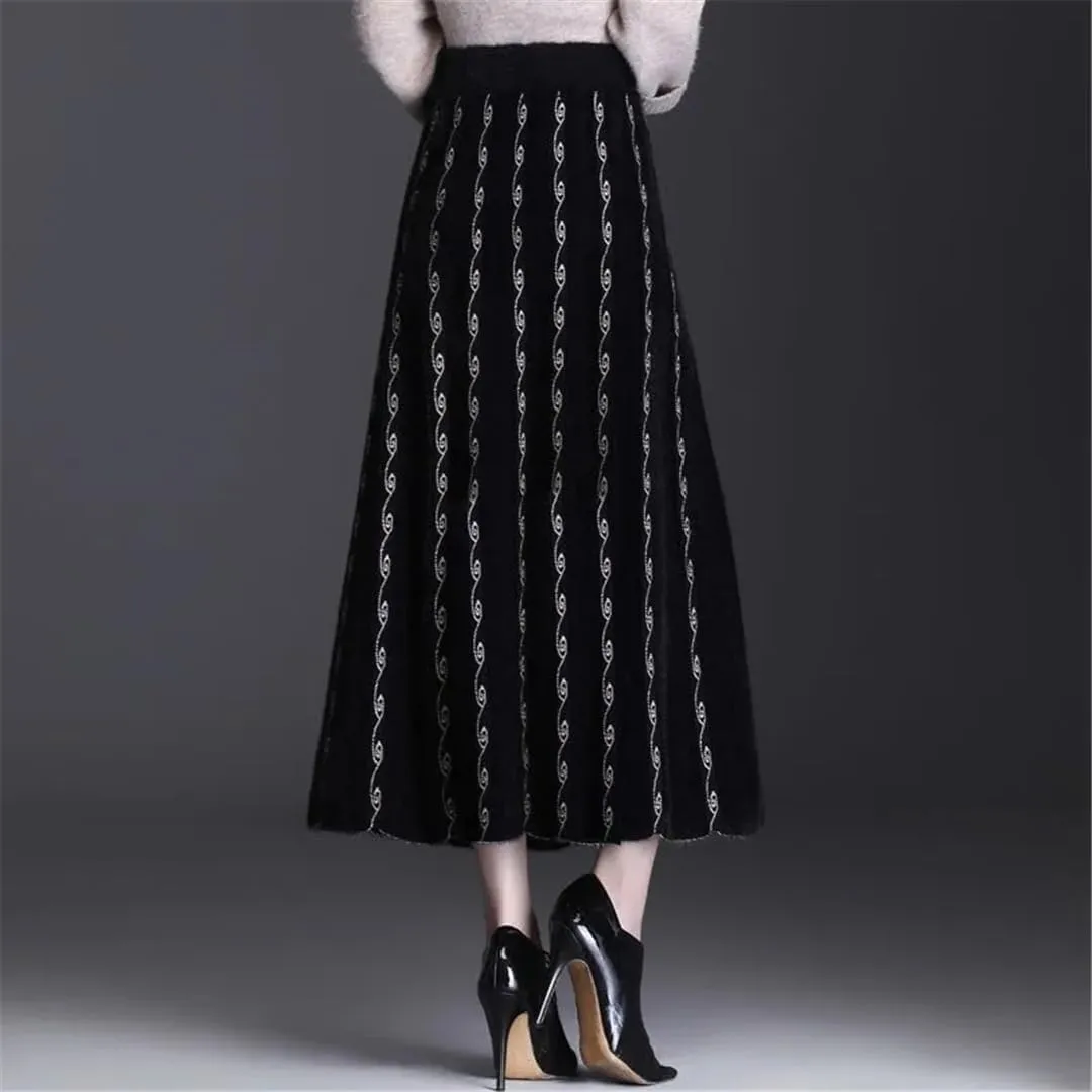 Women Christmas Jacquard Pleated A-Line Long Skirts High Waist Midi Knitted Thick Skirt
