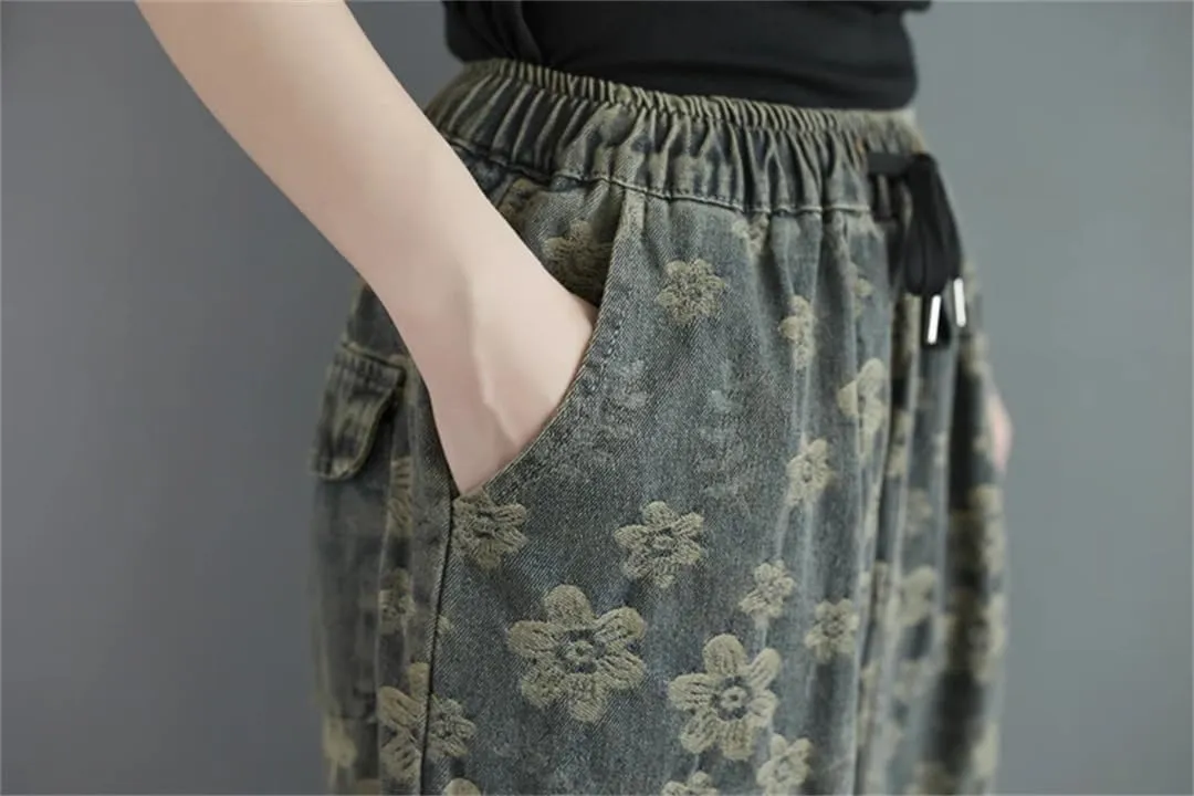 Women Denim Oversized Floral Skirt Print Midi Elastic High Waist Skirts Ruffle Pleated Skirt