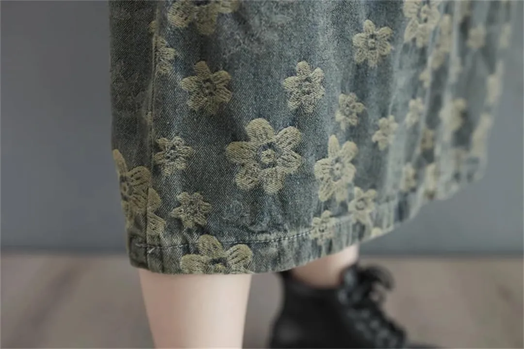Women Denim Oversized Floral Skirt Print Midi Elastic High Waist Skirts Ruffle Pleated Skirt
