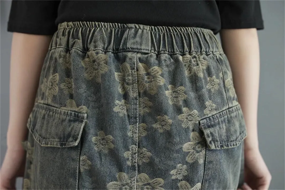 Women Denim Oversized Floral Skirt Print Midi Elastic High Waist Skirts Ruffle Pleated Skirt