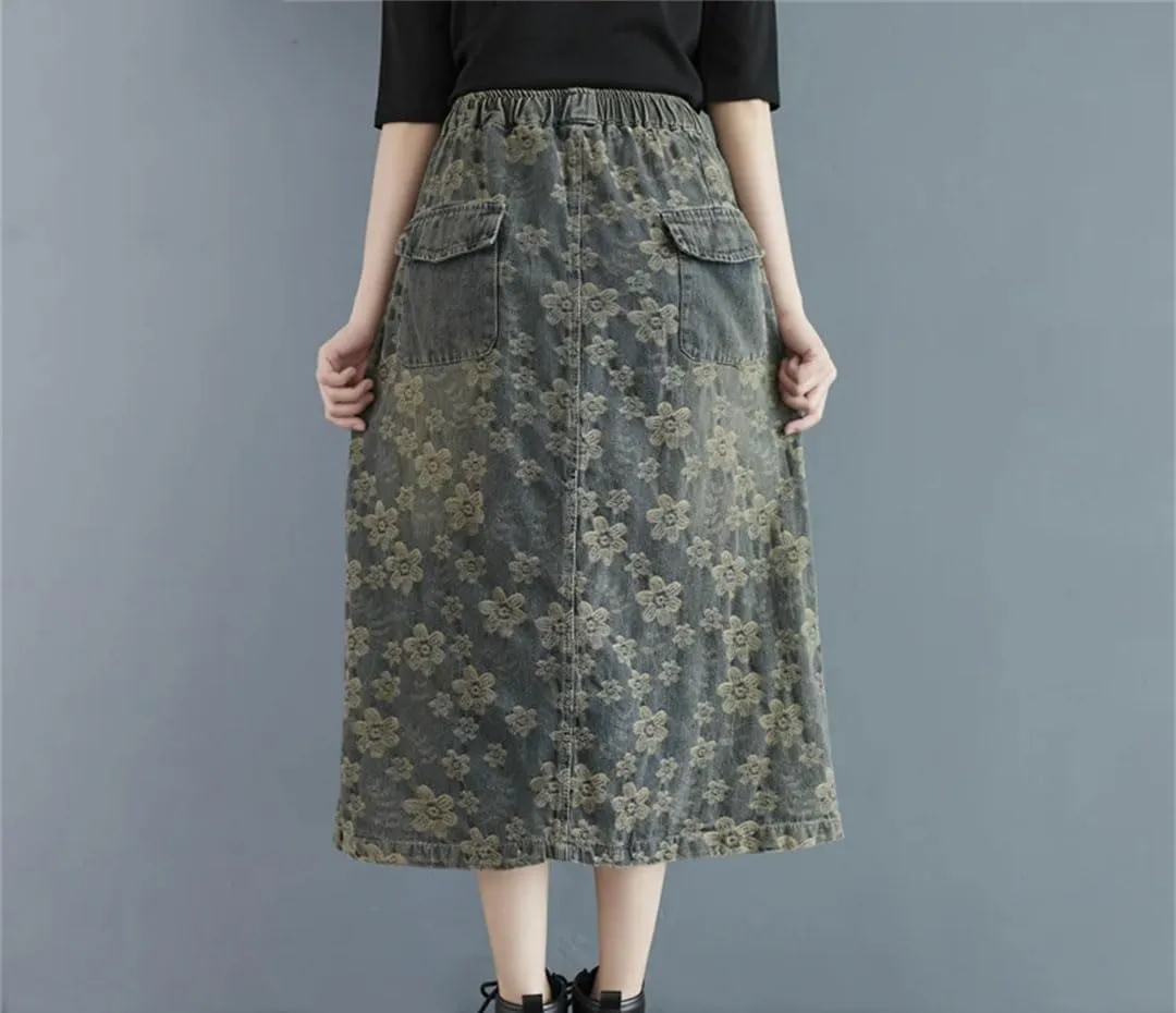 Women Denim Oversized Floral Skirt Print Midi Elastic High Waist Skirts Ruffle Pleated Skirt