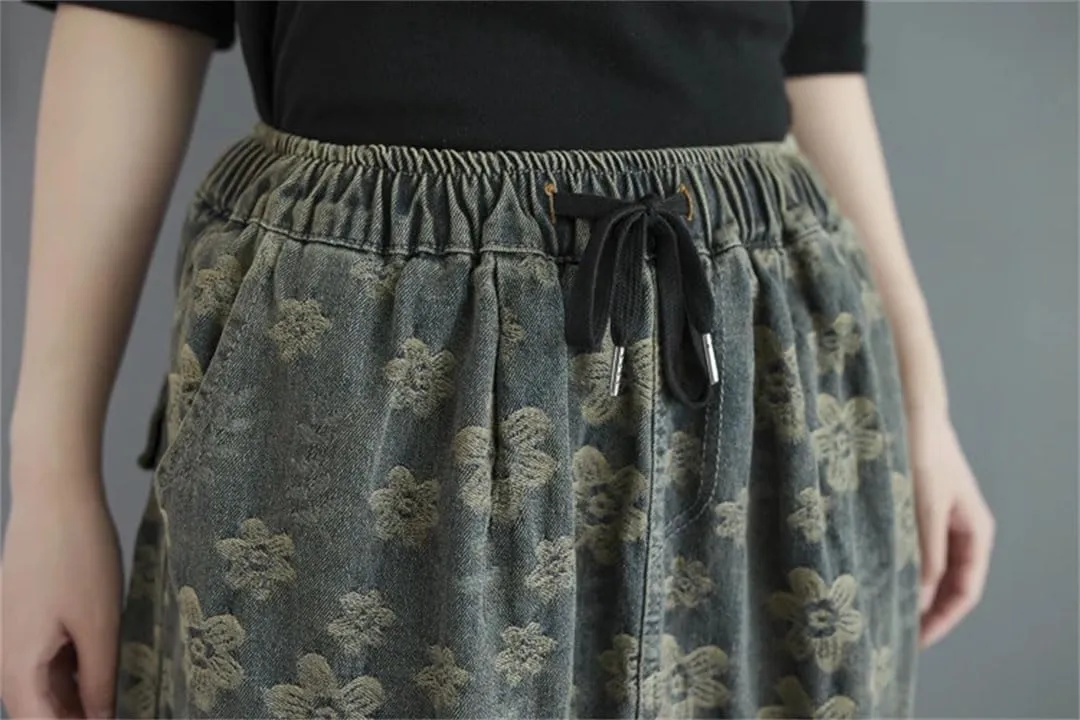 Women Denim Oversized Floral Skirt Print Midi Elastic High Waist Skirts Ruffle Pleated Skirt