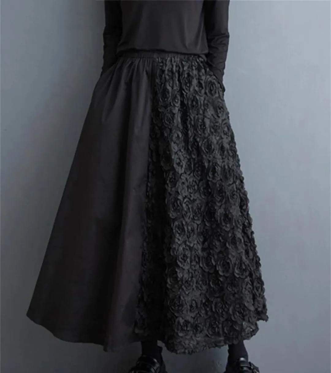 Women Elastic High Waist Midi Skirt Loose Ruffle Pleated Skirts Patchwork A-Line Casual Skirts