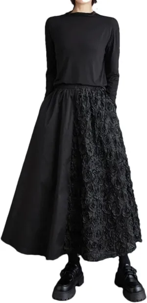 Women Elastic High Waist Midi Skirt Loose Ruffle Pleated Skirts Patchwork A-Line Casual Skirts