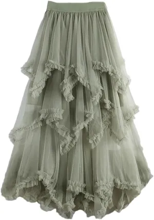 Women Irregular Tulle Skirt Midi Long High Waist Female Mesh Party A Line Skirt