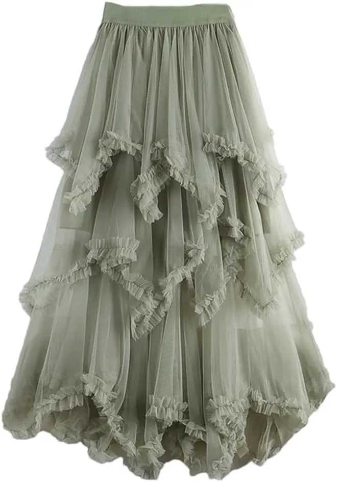 Women Irregular Tulle Skirt Midi Long High Waist Female Mesh Party A Line Skirt