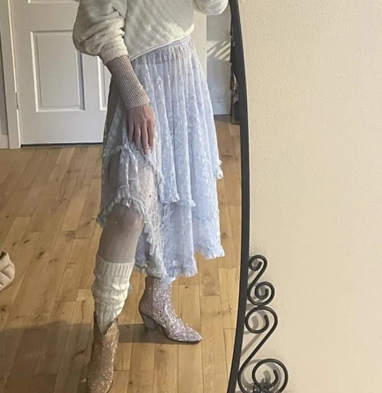 Women Lace Ruffle Courtship Half Slip Elastic Waist Asymmetrical Hemline Midi Skirts Semi Sheer Layered Maxi Skirts