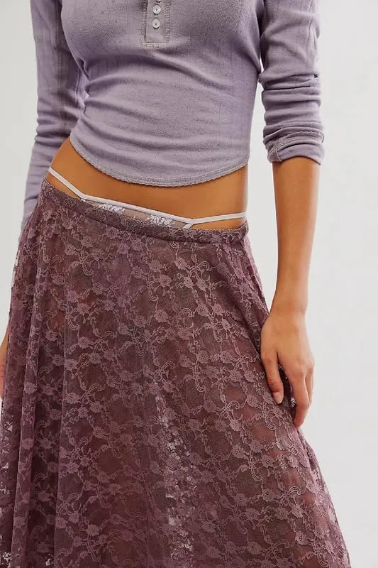 Women Lace Ruffle Courtship Half Slip Elastic Waist Asymmetrical Hemline Midi Skirts Semi Sheer Layered Maxi Skirts