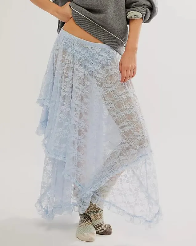 Women Lace Ruffle Courtship Half Slip Elastic Waist Asymmetrical Hemline Midi Skirts Semi Sheer Layered Maxi Skirts