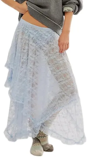 Women Lace Ruffle Courtship Half Slip Elastic Waist Asymmetrical Hemline Midi Skirts Semi Sheer Layered Maxi Skirts