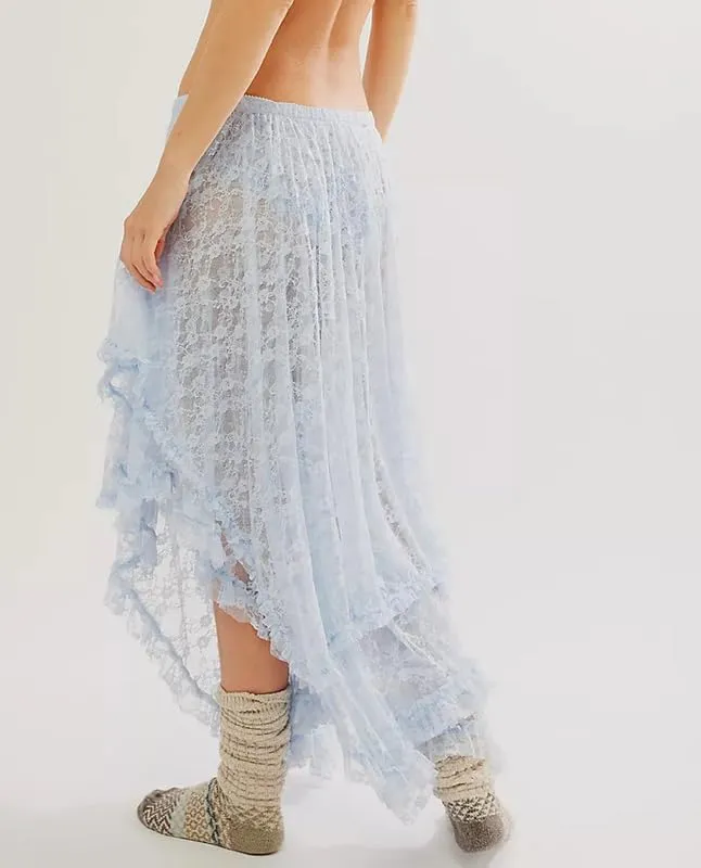 Women Lace Ruffle Courtship Half Slip Elastic Waist Asymmetrical Hemline Midi Skirts Semi Sheer Layered Maxi Skirts